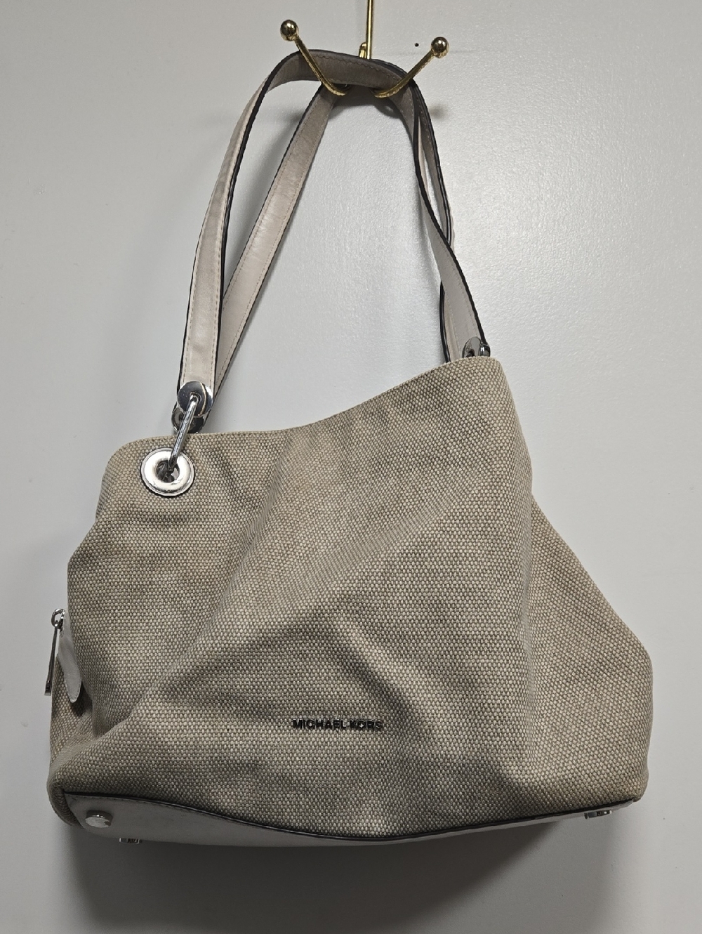 Michael Kors Beige Canvas Shoulder Tote with Leather Straps